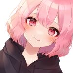  1boy 1girl black_hoodie blush highres hood hoodie long_sleeves looking_at_viewer niconico nqrse piinachu pink_eyes pink_hair short_hair smile solo tongue tongue_out upper_body utaite_(singer) white_background 