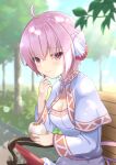  1girl ahoge baozi bench breasts capelet cyclamen_(flower_knight_girl) dress flower_knight_girl food highres holding holding_food leaf looking_at_viewer outdoors pink_eyes pink_hair sakuragi_sayu short_hair sitting sky small_breasts solo tree white_capelet white_dress 
