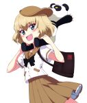  1girl :d bag bangs black_neckwear blonde_hair blouse blue_eyes bob_cut bow bowtie brown_sailor_collar brown_skirt carrying casual emblem eyebrows_visible_through_hair fang girls_und_panzer handbag holding holding_stuffed_toy katyusha_(girls_und_panzer) kayabakoro looking_at_viewer miniskirt open_mouth pleated_skirt pravda_(emblem) sailor_collar short_hair short_sleeves simple_background skirt smile solo standing stuffed_animal stuffed_panda stuffed_toy white_background white_blouse 