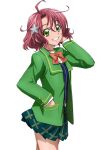  ahoge bow bowtie green_eyes green_skirt green_suit hair_ornament hand_in_pocket hand_on_own_cheek hand_on_own_face ichikawa_yoshiyuki kawamura_toshie redhead sakata_ririko skirt smile 