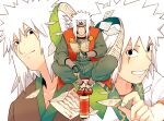  1boy age_progression black_eyes book colored facial_mark hand_guard headgear jiraiya kimono looking_at_viewer male male_focus naruto pages portrait sandals scroll smile solo spiked_hair vest white_hair 