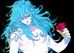  1boy androgynous black_background blue_hair curly_hair digital_art floating_hair male mole_under_eye pisces_aphrodite rose saint_seiya simple_background solo solo_focus 