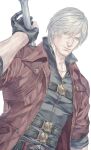 1boy belt black_shirt blue_eyes coat collarbone collared_coat dante_(devil_may_cry) devil_may_cry_(series) devil_may_cry_5 facial_hair gloves gold_trim holding holding_weapon looking_at_viewer male_focus open_clothes open_coat parted_hair partially_unbuttoned popped_collar red_coat shirt short_hair simple_background solo stubble sword talgi weapon white_hair 