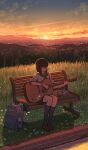  1girl absurdres backpack bag cat flower grass guitar highres instrument mountain music nature original outdoors pasoputi playing_instrument scenery school_uniform sunset tree 