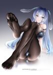  1girl absurdres animal_ears arm_strap artist_name ass azur_lane black_legwear black_leotard blue_eyes blue_hair bodystocking breasts fake_animal_ears fine_fabric_emphasis full_body highres kainines large_breasts leotard long_hair looking_at_viewer new_jersey_(azur_lane) new_jersey_(exhilarating_steps!)_(azur_lane) official_alternate_costume pantyhose playboy_bunny rabbit_ears see-through simple_background sitting soles solo strapless strapless_leotard very_long_hair 