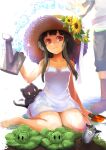  1girl bangs barefoot black_hair blush boots cabbage cat chomusuke dress fish flower grass hat hat_flower highres holding jas_(kda10457) kono_subarashii_sekai_ni_shukufuku_wo! long_hair looking_at_viewer magic megumin red_eyes satou_kazuma sitting smile straw_hat sunflower water white_dress 