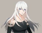  1girl armlet black_gloves black_tank_top blue_eyes breasts closed_mouth elbow_gloves eyebrows_visible_through_hair eyes_visible_through_hair gloves hair_between_eyes long_hair medium_breasts mole mole_under_mouth nier_(series) nier_automata shaokao_range simple_background solo tank_top white_hair yorha_type_a_no._2 
