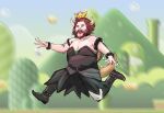  1boy armlet black_dress black_nails boots bowsette bowsette_(cosplay) bracelet brown_hair cosplay dress full_body highres horns jack_black jewelry obese running spiked_armlet spiked_bracelet spikes strapless strapless_dress super_crown super_mario_bros. super_mario_bros._(2022_film) tectiger_vh teeth tongue 