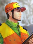  1boy alternate_costume baseball_cap beard black_hair blurry blurry_background buzz_cut contemporary facial_hair golden_kamuy green_jacket hat holding holding_notebook jacket long_sideburns male_focus mature_male nopinzo notebook scar scar_on_cheek scar_on_face short_hair sideburns smile solo tanigaki_genjirou thick_eyebrows upper_body very_short_hair zipper 