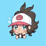  1girl antenna_hair baseball_cap black_vest blue_background blush brown_hair chibi closed_mouth commentary_request eyelashes green_eyes hands_up hat heart hilda_(pokemon) long_hair looking_at_viewer open_clothes open_vest pokemon pokemon_(game) pokemon_bw rpp_pic shirt sidelocks simple_background sleeveless sleeveless_shirt solo two-tone_headwear vest white_shirt wristband 