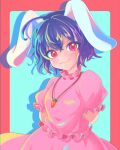  1girl animal_ears arms_behind_back bangs black_hair blue_background breasts carrot_necklace chromatic_aberration closed_mouth dress eyebrows_visible_through_hair hair_between_eyes highres inaba_tewi looking_at_viewer medium_breasts multicolored multicolored_background oataruu pink_dress puffy_short_sleeves puffy_sleeves rabbit_ears red_background red_eyes shadow short_hair short_sleeves smile solo touhou 