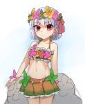  1girl bare_arms bare_shoulders bikini blush brown_eyes closed_mouth collarbone fate/grand_order fate_(series) flower green_bikini green_flower grey_hair hair_flower hair_ornament kama_(fate) kama_(swimsuit_avenger)_(fate) looking_at_viewer miya_(miyaruta) navel pink_flower sketch solo swimsuit yellow_flower 