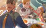  1girl 2boys black_hair blonde_hair brothers cat closed_eyes commentary_request day eating elle_mel_martha food fork glasses highres indoors julius_will_kresnik ludger_will_kresnik lulu_(tales) male_focus meipu_hm multicolored_hair multiple_boys necktie pants pasta shirt siblings spaghetti suspenders tales_of_(series) tales_of_xillia tales_of_xillia_2 two-tone_hair vest 