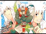  1boy age_progression black_eyes book colored facial_mark hand_guard headgear jiraiya kimono looking_at_viewer male male_focus naruto pages portrait sandals scroll smile solo spiked_hair vest white_hair 