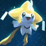  :d commentary go-lurk happy jirachi mythical_pokemon night no_humans open_mouth outdoors outstretched_arms pokemon pokemon_(creature) sky smile solo star_(sky) 