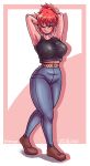  1girl ;) absurdres armpits arms_up blush breasts crossed_legs denim dress highres jeans large_breasts mature_female navel nike one_eye_closed original pants redhead shoes simple_background smile solo strapless strapless_dress thick_thighs thighs tongue tongue_out zollow 