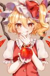  1girl :q apple bangs blonde_hair bow breasts buttons commentary_request crystal eyebrows_visible_through_hair flandre_scarlet food frilled_shirt_collar frills fruit grey_background hair_between_eyes hair_bow hand_up hat highres holding holding_food holding_fruit licking licking_finger light_blush looking_at_viewer mob_cap nail_polish one_side_up pointy_ears puffy_short_sleeves puffy_sleeves red_bow red_eyes red_nails red_vest short_hair short_sleeves small_breasts soiree_(hgwy4837) solo tongue tongue_out touhou upper_body vest white_headwear wings wrist_cuffs 