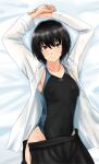  1girl absurdres amagami arms_up black_eyes black_hair black_skirt bob_cut commentary cowboy_shot dress_shirt highres long_hair looking_at_viewer lying nanasaki_ai open_clothes pleated_skirt shirt short_hair skirt solo swimsuit swimsuit_under_clothes two-tone_swimsuit white_shirt ykh1028 