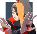  absurdres blonde_hair blue_eyes coene65 colored deidara facing_viewer hair_over_one_eye headband looking_at_viewer male_focus mouth_in_wrong_place nail_polish naruto open_mouth smile tongue trench_coat 