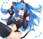  1girl :o animal_ears animal_hands bell black_legwear black_leotard black_ribbon blue_eyes blue_hair cat_ears cat_tail clothing_cutout eari elbow_gloves frilled_leotard frills gloves hair_bell hair_ornament hair_ribbon highres jingle_bell king&#039;s_raid leotard lilia_(king&#039;s_raid) long_hair looking_at_viewer navel navel_cutout open_mouth paw_gloves paw_pose paw_print ribbon shiny shiny_skin simple_background solo tail thigh-highs two_side_up white_background 