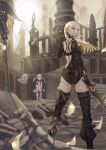  1other 2girls absurdres black_legwear fio_(nier) floating frenlyse highres long_hair mama_(nier) multiple_girls nier_(series) nier_reincarnation prosthesis prosthetic_leg sword thigh-highs weapon white_hair 