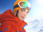  1boy alternate_costume beard black_eyes black_hair contemporary facial_hair goggles goggles_on_head golden_kamuy hood hood_down long_sideburns looking_at_viewer male_focus mountain nopinzo scar scar_on_cheek scar_on_face short_hair sideburns smile solo tanigaki_genjirou thick_eyebrows upper_body winter_clothes 
