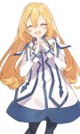  1girl black_legwear blonde_hair closed_eyes colette_brunel dress gloves jewelry kanyoko_(yuzukano_17) long_hair looking_at_viewer open_mouth pantyhose simple_background smile solo tales_of_(series) tales_of_symphonia white_background 