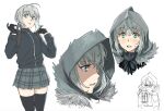  1girl add_(fate) ahoge black_gloves black_legwear blue_eyes blush braid cropped_torso crown_braid eyebrows_visible_through_hair fate_(series) french_braid from_side gloves gray_(fate) grey_hair grey_hoodie grey_skirt hair_between_eyes hood hoodie long_hair looking_at_viewer lord_el-melloi_ii_case_files multiple_views original_nasu parted_lips sketch skindentation skirt surprised sweatdrop thigh-highs thighs white_background wide-eyed zettai_ryouiki zipper zipper_pull_tab 