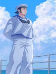  1boy alternate_costume alternate_facial_hair arms_behind_back black_hair buzz_cut clouds cloudy_sky contemporary feet_out_of_frame fence frown golden_kamuy hat long_sideburns male_focus nopinzo pectorals sailor_collar sailor_hat short_hair sideburns sky solo tanigaki_genjirou thick_eyebrows very_short_hair water wind 