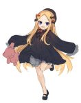  1girl :d abigail_williams_(fate) black_bow black_dress black_footwear black_headwear blonde_hair bloomers blue_eyes bow dress fate/grand_order fate_(series) forehead full_body grey_bloomers hair_bow hat holding holding_stuffed_toy long_hair long_sleeves looking_at_viewer miya_(miyaruta) open_mouth orange_bow shoes simple_background sketch sleeves_past_fingers sleeves_past_wrists smile solo standing standing_on_one_leg stuffed_animal stuffed_toy teddy_bear underwear upper_teeth very_long_hair white_background 
