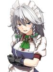  1girl absurdres apron ascot bangs black_gloves blue_eyes blush bow braid breast_hold breasts center_frills collared_shirt commentary_request cropped_torso frills gloves green_bow green_neckwear hair_between_eyes hair_bow hair_ribbon highres izayoi_sakuya kikoka_(mizuumi) large_breasts looking_at_viewer maid maid_apron maid_headdress medium_hair open_mouth puffy_short_sleeves puffy_sleeves ribbon shirt short_sleeves silver_hair simple_background solo touhou tress_ribbon twin_braids upper_body upper_teeth white_background 
