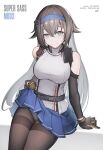  1girl absurdres ark_john_up arm_warmers bangs bare_shoulders breasts brown_hair clothes_lift commission girls_frontline gloves grey_eyes hair_flaps highres large_breasts long_hair mod3_(girls&#039;_frontline) mole mole_under_eye pantyhose pixiv_request pleated_skirt skirt skirt_lift solo super_sass_(girls&#039;_frontline) sweatdrop thighband_pantyhose very_long_hair 