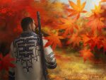  1boy ainu_clothes autumn autumn_leaves beard black_hair facial_hair from_behind golden_kamuy gun holding holding_gun holding_weapon leaf long_sideburns looking_to_the_side male_focus nopinzo over_shoulder rifle short_hair sideburns solo tanigaki_genjirou tree upper_body weapon weapon_over_shoulder 
