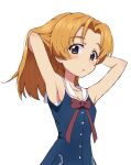  1girl alternate_hairstyle armpits arms_up bangs blue_dress blue_eyes commentary dress girls_und_panzer hair_down hands_in_hair kayabakoro looking_at_viewer medium_hair neck_ribbon orange_hair orange_pekoe_(girls_und_panzer) parted_bangs parted_lips purple_neckwear ribbon sailor_collar sailor_dress simple_background sleeveless sleeveless_dress solo upper_body white_background white_sailor_collar 