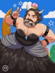  1boy armlet beard black_dress black_hair blue_sky bowsette bowsette_(cosplay) bracelet chest_hair clouds collarbone commentary cosplay cottonwoodler crossdressing crown day dress english_commentary facial_hair fingernails hand_on_hip hand_up highres horns jack_black jewelry looking_at_viewer male_focus mustache new_super_mario_bros._u_deluxe outdoors real_life short_hair sky solo spiked_armlet spiked_bracelet spikes star_(symbol) strapless strapless_dress super_crown super_mario_bros. super_mario_bros._(2022_film) v 