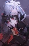  2girls alternate_costume bangs black_gloves black_hair black_jacket blood blood_from_mouth blue_eyes dual_persona earrings fangs flower fu_hua fu_hua_(shadow_knight) gloves hair_between_eyes highres honkai_(series) honkai_impact_3rd jacket jewelry long_hair long_sleeves looking_at_viewer multiple_girls open_mouth petals ponytail red_flower red_rose rose vampire zhrc 