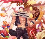  candie candy charlotte_cracker charlotte_katakuri charlotte_perospero charlotte_smoothie chibi coene65 colored donut eating food gloves male_focus muscular_male one_piece scarf shirtless vest 