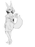  1girl animal_ear_fluff animal_ears bangs bare_shoulders barefoot breasts commentary_request dress eyebrows_visible_through_hair fox_ears fox_girl fox_tail full_body greyscale hair_between_eyes highres holding medium_breasts monochrome see-through shirt simple_background skirt sleeveless sleeveless_dress sleeveless_shirt solo standing tail white_background yuuji_(yukimimi) 