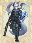  1girl animal_ears arm_armor armor bangs blunt_bangs body_armor breastplate brown_background camouflage camouflage_pants closed_mouth dairoku_youhei fox_ears full_body grey_hair grey_scarf gun headset hetza_(hellshock) holding holding_weapon knife leg_armor long_hair looking_at_viewer pants ponytail red_eyes scarf sheath shotgun shotgun_shells solo tail very_long_hair weapon 