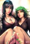  2girls cleavage dress feet feet_out_of_frame female female_only fubuki_(one-punch_man) green_eyes green_hair large_breasts looking_at_viewer one-punch_man see-through siblings small_breasts tatsumaki toenail_polish 