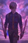  1boy black_hair blood blood_on_clothes blood_on_face blood_on_weapon closed_mouth clouds commentary_request dual_wielding highres holding holding_weapon looking_at_viewer ludger_will_kresnik male_focus meipu_hm multicolored_hair necktie pants shirt sleeves_rolled_up solo suspenders sword tales_of_(series) tales_of_xillia tales_of_xillia_2 thigh_strap two-tone_hair weapon white_hair 