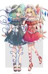  2girls adapted_costume aqua_eyes bangs bare_shoulders blonde_hair border bow claw_pose closed_mouth collarbone commentary_request crystal dress eyebrows_visible_through_hair flandre_scarlet frilled_bow frills full_body green_dress green_hair grey_background hair_between_eyes hand_up hat hat_bow heart heart_of_string highres komeiji_koishi looking_at_viewer medium_hair mob_cap multiple_girls nail_polish off-shoulder_dress off_shoulder one_side_up outside_border petticoat re_re_merry red_bow red_dress red_eyes red_nails smile standing standing_on_one_leg third_eye toenail_polish toenails touhou white_border white_bow white_headwear wings wrist_cuffs 
