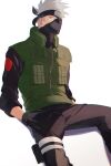  1boy coene65 colored hands_in_pockets hatake_kakashi headband looking_at_viewer looking_down male male_focus masked naruto simple_background solo spiked_hair white_background white_hair 