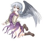  1girl angel_wings bangs beige_jacket boots bow bowtie breasts clip_studio_paint_(medium) commentary_request covering_mouth cross-laced_footwear dress eyebrows_visible_through_hair feathered_wings hair_between_eyes kishin_sagume long_sleeves looking_at_viewer purple_dress red_eyes red_neckwear short_hair simple_background single_wing small_breasts solo tarumaru thighs touhou white_background wings 