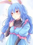  1girl animal_ears bangs blue_dress blue_hair clothes_pull dress ear_clip eyebrows_visible_through_hair highres layered_sleeves long_hair long_sleeves looking_to_the_side low_twintails neko_mata parted_lips rabbit_ears red_eyes seiran_(touhou) short_over_long_sleeves short_sleeves simple_background solo touhou twintails upper_body white_background 
