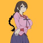  1girl arm_under_breasts bakemonogatari braid breasts brown_hair glasses hair_between_eyes hand_on_hip hanekawa_tsubasa highres large_breasts long_braid long_hair long_sleeves looking_at_viewer monogatari_(series) naoetsu_high_school_uniform onsen_tamago_(hs_egg) pink_shirt puffy_long_sleeves puffy_sleeves purple_skirt ribbon-trimmed_collar ribbon_trim school_uniform shirt skirt solo violet_eyes yellow_background 