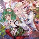  2girls album_cover bangs blonde_hair blue_eyes breasts brown_eyes brown_legwear cover detached_collar ebata_risa fang flower green_hair green_skirt hair_behind_ear hair_flower hair_ornament hairband looking_at_viewer macross macross_frontier macross_frontier:_toki_no_meikyu medium_breasts multiple_girls official_art open_mouth pantyhose pink_flower plaid plaid_skirt ranka_lee red_hairband sheryl_nome skirt small_breasts smile veil virtual_youtuber white_flower 