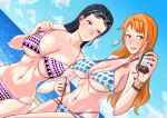  2girls beach bikini black_hair blue_sky cleavage female female_only large_breasts light_skinned_female long_hair looking_at_viewer nami nico_robin one_piece open_mouth orange_hair outdoors sunglasses_on_head tattoo_on_arm 