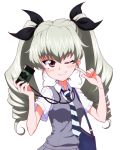  1girl ;) anchovy_(girls_und_panzer) bag bangs black_neckwear black_ribbon bracelet camera casual closed_mouth collared_shirt commentary diagonal-striped_neckwear diagonal_stripes drill_hair eyebrows_visible_through_hair girls_und_panzer green_hair grey_vest grin hair_ribbon hairband handbag holding holding_camera jewelry kayabakoro long_hair looking_at_viewer official_alternate_costume one_eye_closed pointing pointing_at_self red_eyes ribbon shirt short_sleeves simple_background smile smirk solo standing striped striped_neckwear twin_drills twintails vest white_background white_shirt wing_collar 