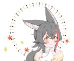  1girl animal_ear_fluff animal_ears autumn_leaves bangs black_hair blush cardigan closed_mouth commentary_request eyebrows_visible_through_hair hair_between_eyes hair_ornament hairclip hololive kani_bonara leaf long_hair looking_away maple_leaf multicolored_hair off_shoulder official_alternate_costume ookami_mio ponytail redhead shirt simple_background smile solo streaked_hair upper_body virtual_youtuber white_shirt wolf_ears wolf_girl yellow_cardigan yellow_eyes 